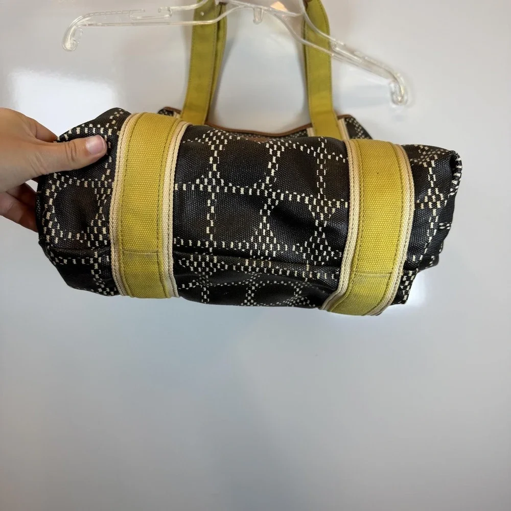 Kate Spade Tote Bag Medium Black Canvas Leather Yellow Straps Geometric